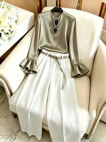 GlowEve Women's Bell-Sleeve Blouse And Wide-Leg Pants 2 Pieces Set - Multicolor - View 1