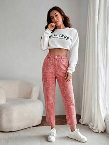 EMERY ROSE Women's Summer Paperbag Waist Straight Leg Jeans Goin Out Light Pink Boho - Red - View 4