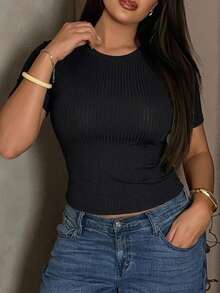 Dazy Plus Plus Size Women's Solid Color Round Neck Short Sleeve Ribbed Fitted T-Shirt - Black - View 5