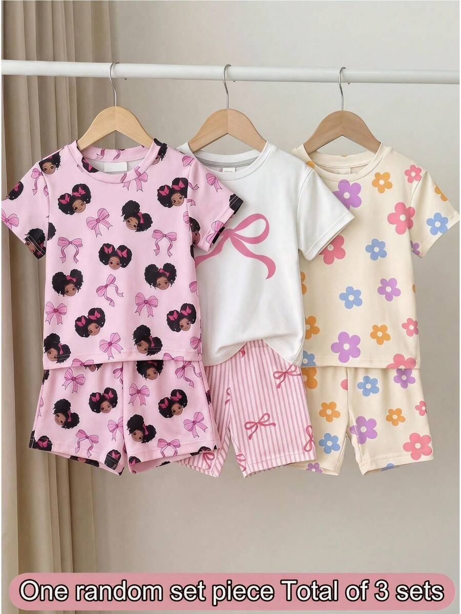 SHEIN LMoss Kids 2件套女婴针织可爱图案圆领连体衣和短裤家居服套装 - 彩色 - 查看 1
