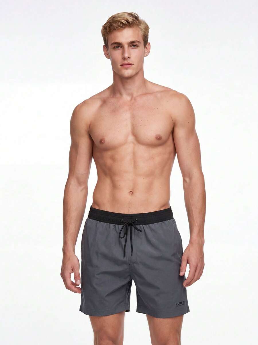 Manfinity KASUA Men Letter Graphic Drawstring Waist Swim Trunks & Compression Liner Milk Silk Lining,Hawaiian - Dark Grey - View 1