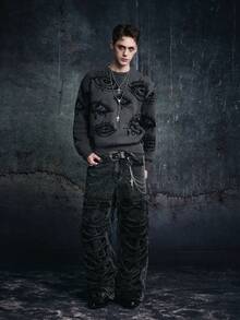Vyqestra Jersey de cuello redondo de manga larga, corte holgado con estampado de ojo, para otoño/invierno, para hombre - Gris Oscuro - Ver 4