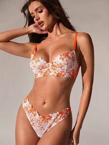 SHEIN BAE 2件套粉色浪漫女士钢圈文胸和内裤套装，内衣 - 橘色 - 查看 6