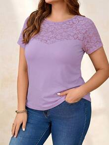 Reflora Plus Size Fashionable Elegant Round Neck Contrast Lace T-Shirt - Mauve Purple - View 3