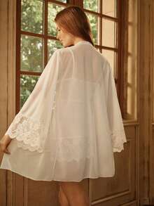 Bisouelle 2pcs Women White Lace Patchwork Nightgown Sleepwear Setfor Summer - White - View 2