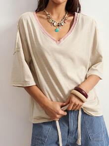 Bohemela Women's Summer Casual Vintage Vacation Basic Versatile Beige 100 Cotton Knit Round Neck Short Sleeve Loose T-Shirt With Lace Applique Letter Detailing - Multicolor - View 4