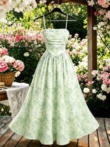 EMERY ROSE Women's Sweet Tropical Floral Print Waist-Defining Spaghetti Strap Long A-Line Dress Wedding Anniversaire Mother Of The Bride Party Vacation Summer - Mint Green - View 3