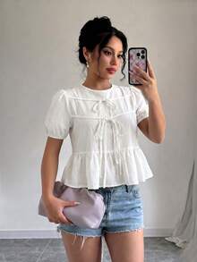 SHEIN Raffinéa 女款春夏新款白色100%純棉面料度假節日海灘休閒祭典前綁帶襯衫 - 白色 - 查看 3