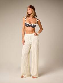 AiiRZ Wide Leg Cable Knit Pull-On Pants With Elastic Waist, Boho Beach Cover-Up, Full Length Palazzo Style, Summer Resort Wear - Apricot - View 1