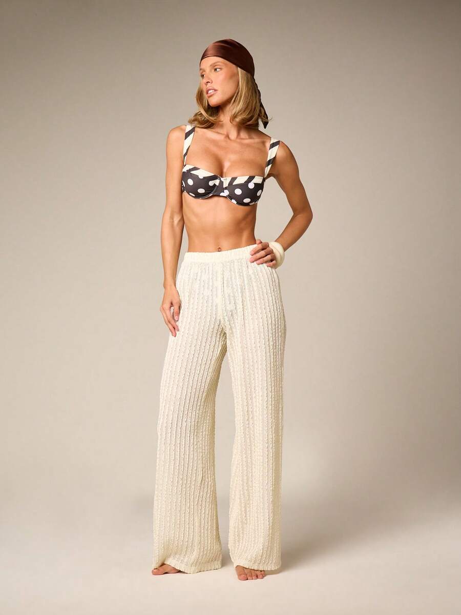 AiiRZ Wide Leg Cable Knit Pull-On Pants With Elastic Waist, Boho Beach Cover-Up, Full Length Palazzo Style, Summer Resort Wear - Apricot - View 1