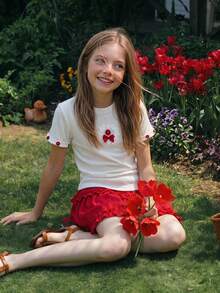 DAZY Cute Bow Decor Short Sleeve T-Shirt Top + Skirt Princess Tween Girls T-Shirt Set Summer - Red - View 5