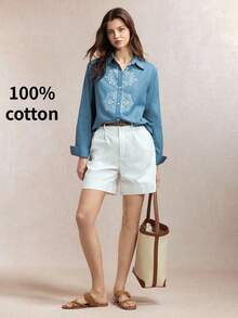 BizChic Áo sơ mi nữ màu xanh có cổ, thêu, mở trước ngực đơn, thanh lịch, thường ngày, đi làm, hẹn hò, Ngày Độc lập, mùa tốt nghiệp, lễ hội âm nhạc, tôn dáng, thanh lịch, đa năng, cao cấp, mùa hè - Màu xanh lam - Xem 3