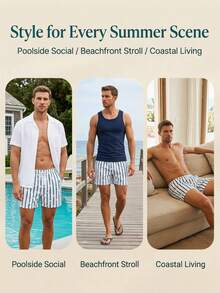 Solantero Men's Striped Olive Green Beach Shorts With Pockets Breathable Elastic Anti-Wrinkle Triangle Lining Summer Swim Trunks, Holiday - Olive Green - View 4