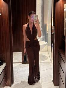 Lumalex Pastal Halter Cutout Maxi Dress Summer Holiday Party Vacation Golf Club Deep Plunge Neck Fringe Trim Slit Backless Bodycon Sexy Dark Brown - Coffee Brown - View 14