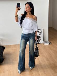Coolane 女款夏季街頭風性感外穿節慶派對休閒Y2k時尚日常穿搭彈性舒適黑色蕾絲拼接不對稱領口T恤 - 白色 - 查看 6