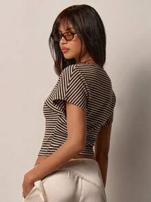 COSMINA Women's Striped Fitted Casual Daily T-Shirt,Summer Top - Brown - View 2