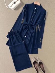 Rusticease Women's Button Belt Rhinestone Elegant Long Sleeve Two Pieces Set - Navy Blue - View 5