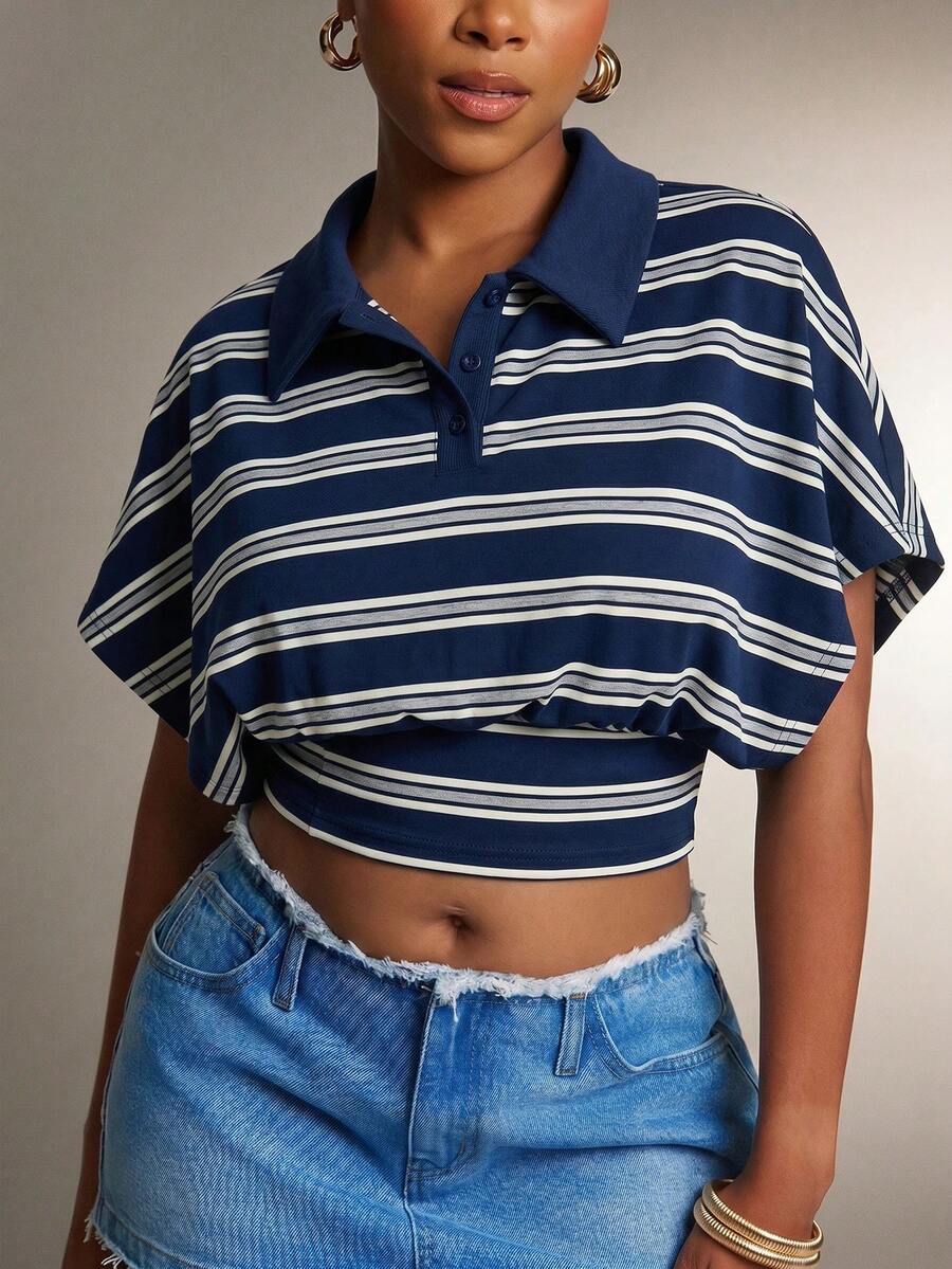 Denimoi Cinched Waist Collared Striped Polo Top Fashionable Tops Collared Top - Royal Blue - View 1
