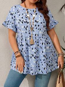 EMERY ROSE Plus Size Casual Resort Style Ruffled Sleeve Allover Print Shirt,Summer Outfits For Women/Summer,Tropical Vacation Woman Clothes - Blue - View 6