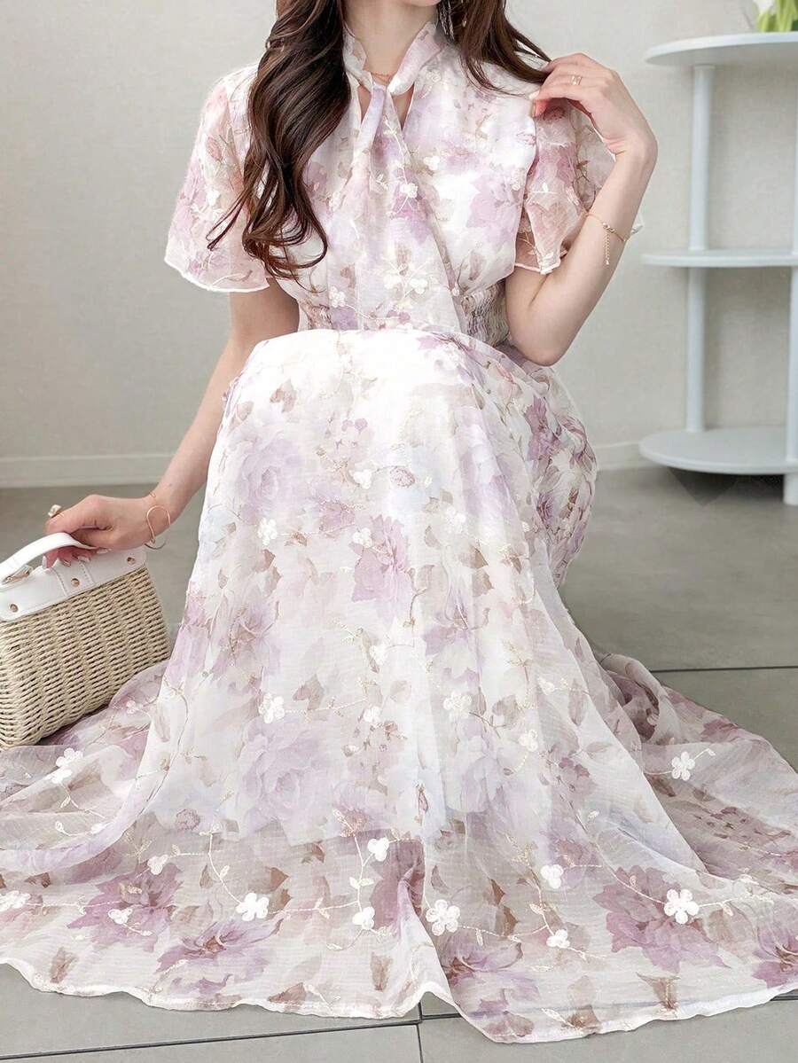 FRIFUL Women's Summer/Spring Ditsy Floral Drawstring Tie Cinched Waist Flared Dress, Slim Fit Versatile Long Dress - Pink - View 1