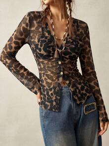 Blusa con cuello en V de encaje de punto vintage estilo bohemio para mujer, estilo bohemio para vacaciones, moda sencilla y casual para uso diario - Marrón - Ver 8