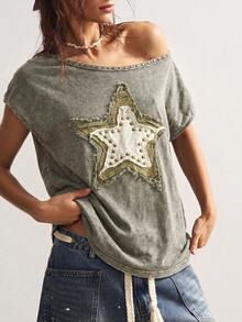 Bohemela T-shirt ample décontracté pour femmes, style bohème campagnard d'été avec motif - Militaire verte - Voir 3