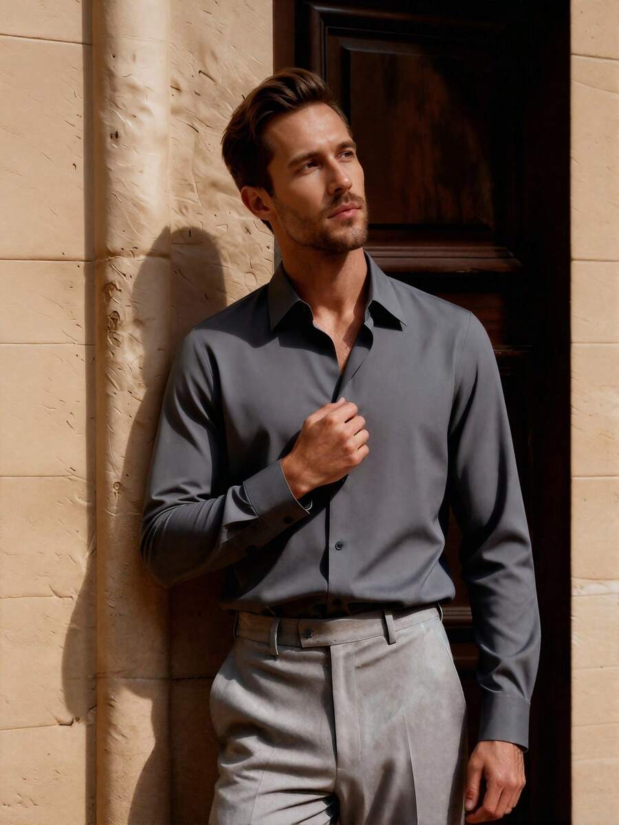 Officeau Men's Grey Shirt Formal Solid Color Long Sleeve Single-Breasted Dress Shirt Spring To Summer