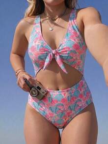 Swim Mod Plus Size One-Piece Swimsuit For Women, Elegant Sexy Pink Shell Print, V-Neck Front Twist Cutout, Holiday Summer Beach Vacation Pool Party - Multicolor - View 6