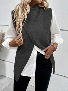 EMERY ROSE Fashion Casual Versatile Autumn/Winter/Spring Inner/Outer Wear Dual-Use Criss-Cross Women's Sweater Vest - Dark Grey - View 3