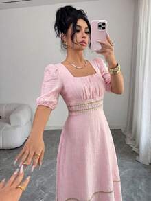 Modelyn 女款方領百褶優雅收腰中長洋裝，適合派對與外出穿著 - 淺粉色 - 查看 5