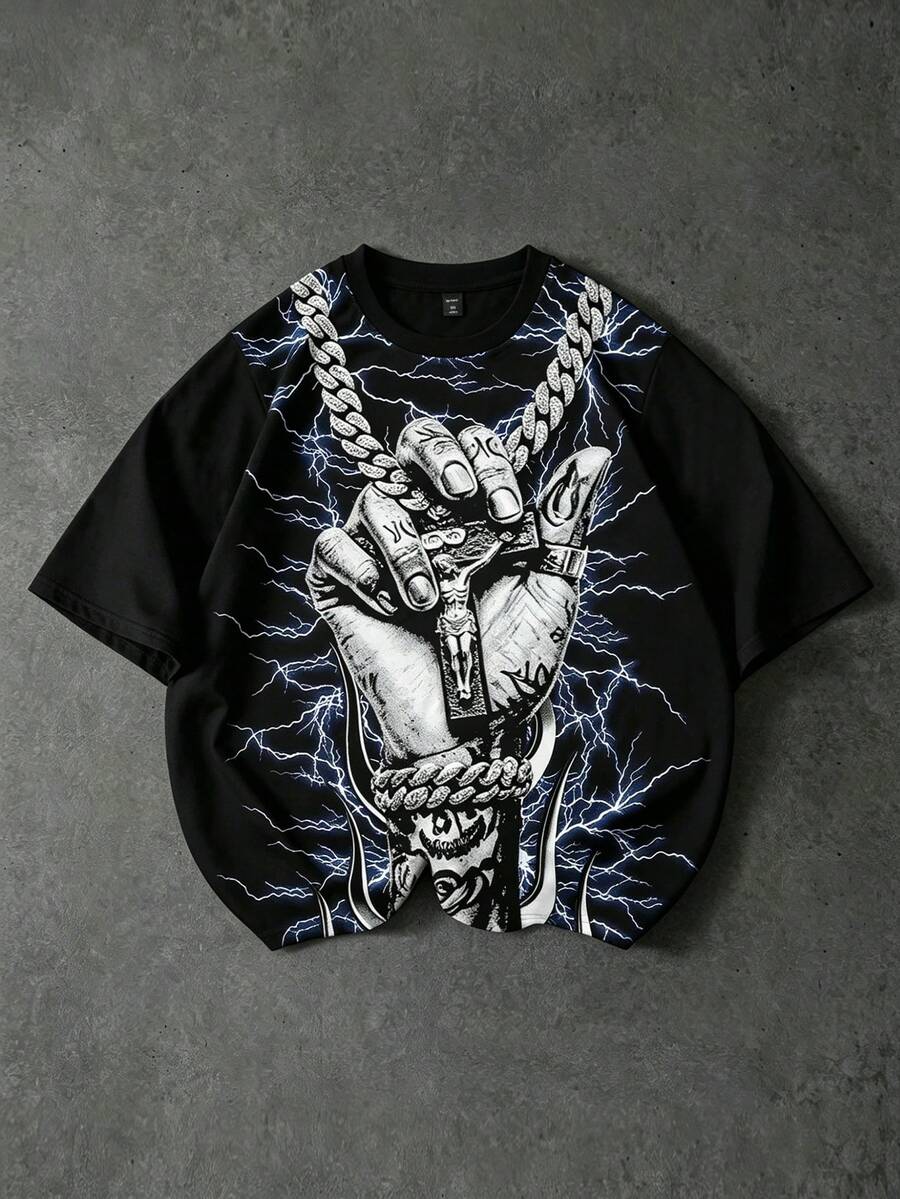 ROMWE MEN Grunge Punk Men's Portrait Graphic Short Sleeve T-Shirt, Suitable For Spring And Summer - Black - View 1