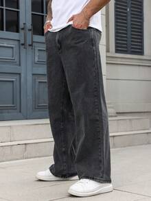 Manfinity Homme Loose Men Cotton Solid Slant Pocket Jeans Holiday Dark Wash Summer Streetwear - Black - View 8