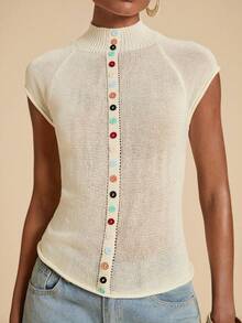 Opulessa Fashionable Casual Multi-Button Slim Fit Knit Vest Beach Beige Summer - Apricot - View 4