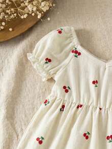 SHEIN Newborn Baby Girl Casual Cute Cherry Print Short Sleeve Dress - Multicolor - View 3