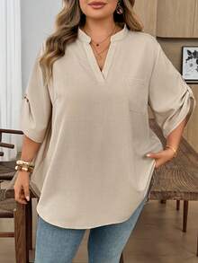 SHEIN CURVE+ Áo sơ mi đen tay xắn cổ tay cho người size lớn, thanh lịch, đi nghỉ, cơ bản - Màu be - Xem 3