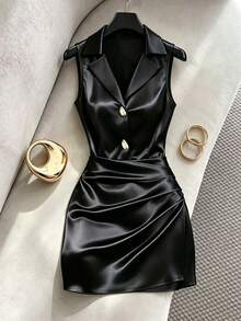 SHEIN Franclia 女士优雅法式针织连衣裙，黑色Polo领无袖，腰部褶皱设计，饰有金属纽扣，优雅女士夏季连衣裙，沙滩装，度假装，休闲装，工作装，办公室着装，新款夏季女士连衣裙 - 黑色 - 查看 6