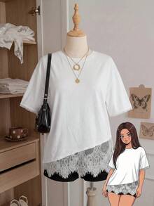 Comfortcana Plus Size Asymmetrical Hem Lace Loose T-Shirt Date Night Evening Birthday All White Summer Elegant Frenchy - White - View 3