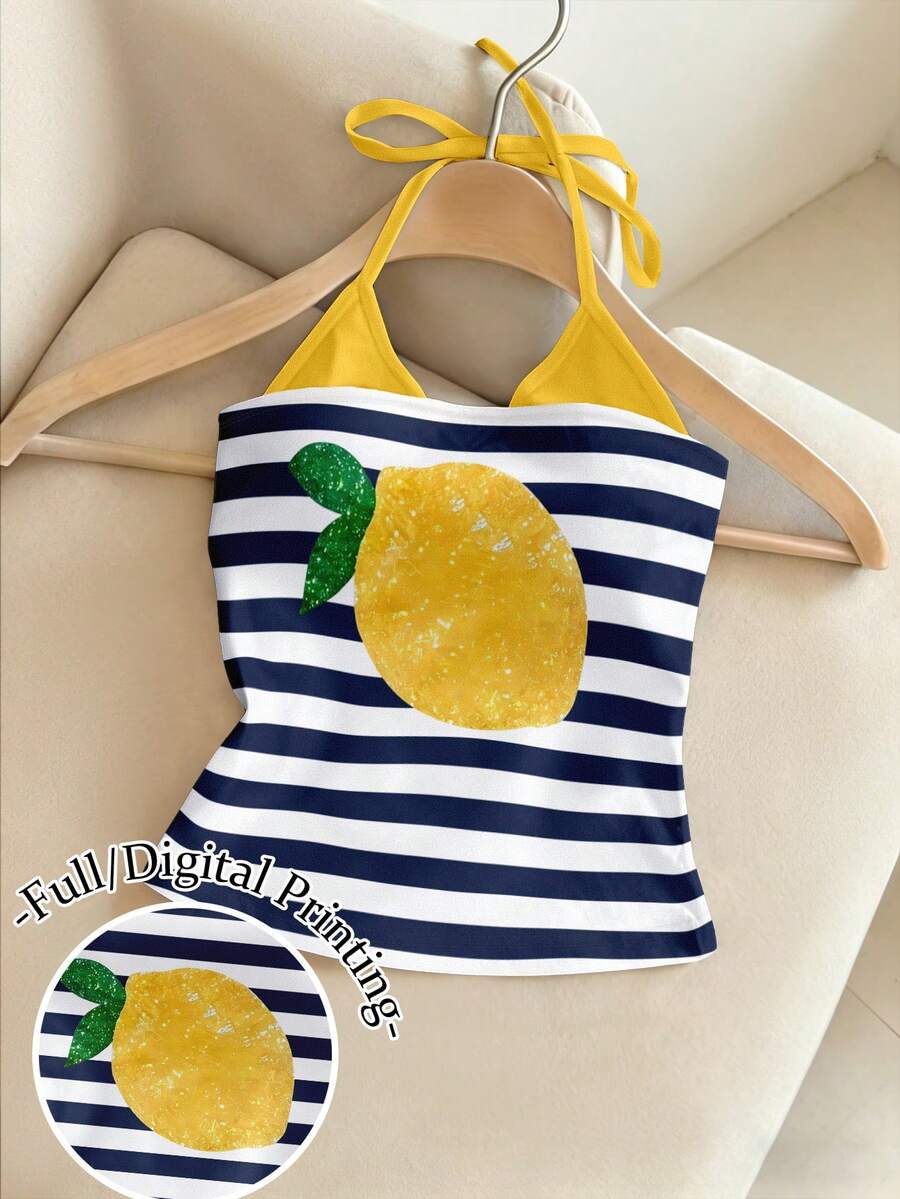 Resyla Atasan Model Tube Top Kasual Motif Garis Lemon Y2K - MultiWarna - View 1
