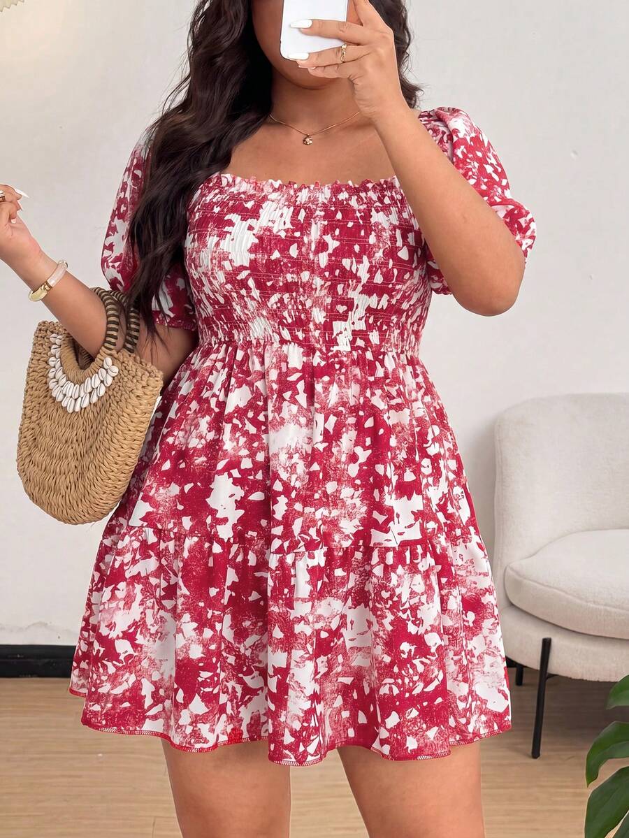 Flirla Đầm rộng rãi, thoải mái, in hoa dành cho nữ cỡ lớn, có nếp nhăn, thích hợp cho kỳ nghỉ. - Màu hồng gỉ - Xem 1