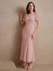 Anewsta Spring/Summer Round Neck Puff Short Sleeve Lace 3D Applique Elegant Romantic Fishtail Hem Women's Dress Tea Party Dusty Pink - Dusty Pink - View 4