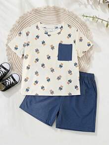 SHEIN Young Boy Coconut Tree Pattern Short Sleeve Pullover And Solid Color Shorts 2-Piece Set - Multicolor - View 4