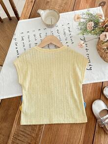 SHEIN LMoss Kids Camiseta de punto de unicolor con cuello redondo para niña joven - Amarillo - Ver 2