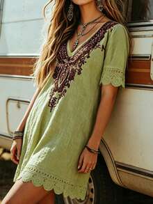 EMERY ROSE Dark Green Summer Boho Vacation Holiday Women's Plus Size V-Neck Short Sleeve Print Dress,Lace Trim Elegant Casual Fashion Resort Beachwear Everyday - Mint Green - View 3
