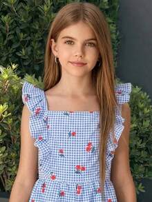 SHEIN Tween Girl Striped Square Neck Cap Sleeve Loose Jumpsuit For Vacation - Blue - View 4