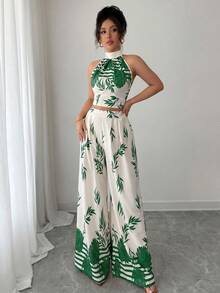 Rafferiza 女款優雅度假兩件組，掛脖設計，後綁帶，花卉印花寬腿褲套裝 - 綠色 - 查看 6