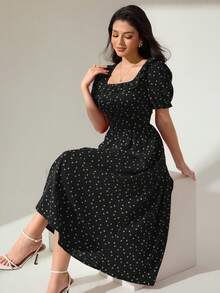 Modelyn 方領荷葉邊腰部短袖泡泡袖波點酒紅色女款中長洋裝 - 黑色 - 查看 5