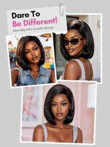 Wear & Go Straight Lace Bob Wig With Curtain Bangs 10 Inch Short Straight Bob Wig With 3.5 Inch Side Lace Part Glueless Bob Wig With French Bangs Natural Black Color - Natural Black - View 5