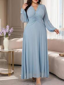 Modelyn Plus Size Women Contrast Lace V-Neck Lantern Sleeve Elegant Dress - Mint Blue - View 2