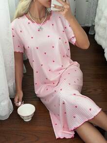 CottageSlumber Rosa geripptes lockeres Kurzarm-Nachthemd mit Saum und Herzmuster für Damen - Pink - Übersicht 7