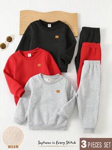 Cozy Pixies Young Boy Decorative Patchwork Round Neck Long Sleeve Pullover Sweatshirt Elastic Waist Long Pants 6-Piece Set - Multicolor - View 3